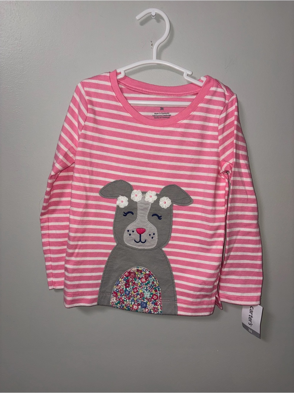 Carters Pink Striped Floral Dog Appliqué Long Sleeve Tee NWT 3T